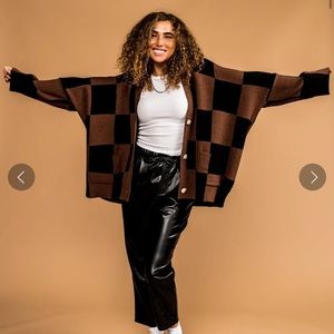 ~**LALA ORIGINAL: Love You Oversized Checkerboard Cardigan in Black + Brown**~